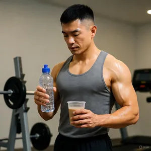 Homme sportif tenant une boisson et une bouteille d’eau dans une salle de sport après entraînement.