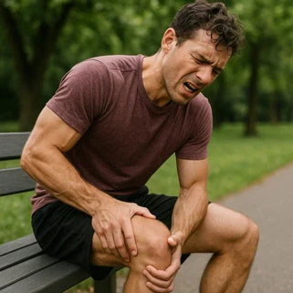 Homme ressentant une douleur musculaire au genou, cherchant un soulagement rapide avec un gel chauffant. 