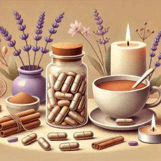 Capsules de cannelle, flacon ouvert, lavande, bougie, tasse de thé, ambiance apaisante et relaxante