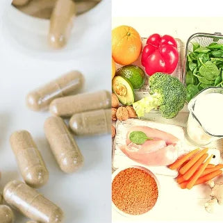 Capsules de cannelle et aliments sains : légumes, fruits, protéines maigres, lait et lentilles pour une alimentation équilibrée