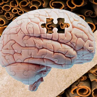 Cerveau en puzzle, extrait manquant, cannelle en arrière-plan, symbolisant bienfaits cognitifs et mémoire.