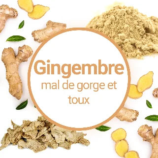 Une image de produit fait la publicité du gingembre pour les maux de gorge et la toux.