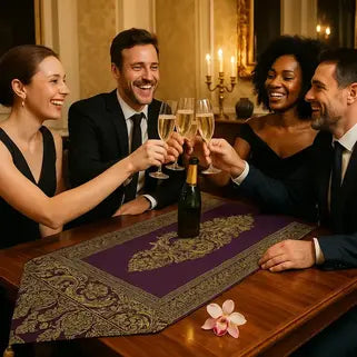 Quatre personnes élégantes trinquent avec du champagne lors d'un dîner sophistiqué et joyeux.
