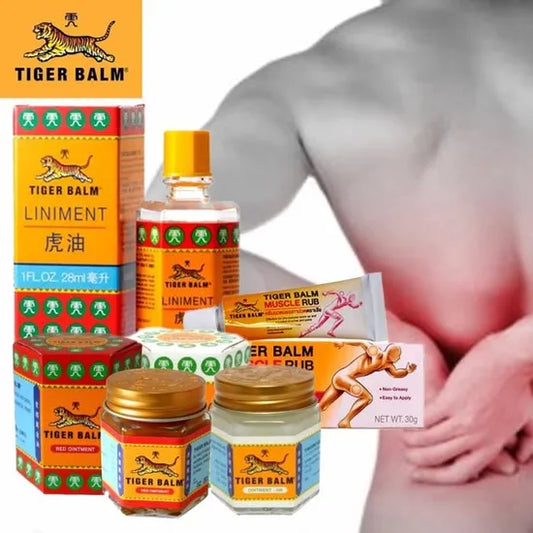 assortiment de produits Baume du Tigre avec un homme avec une douleur dorsale en fond