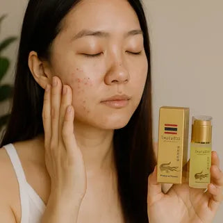 Femme appliquant le Sérum Huile de Crocodile sur son visage avec marques et imperfections visibles.