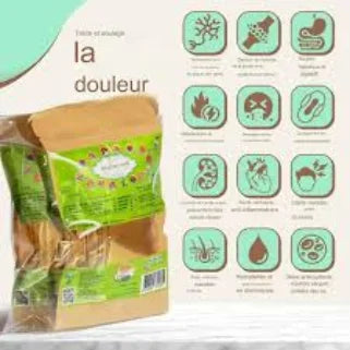 Sachets de tisane avec étiquette "la douleur" et icônes montrant diverses utilisations.