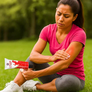 Femme assise dans l'herbe appliquant une crème sur son avant-bras rouge et endolori.
