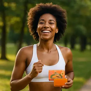 Femme souriante en tenue de sport tenant un savon à la papaye lors d’une promenade extérieure.