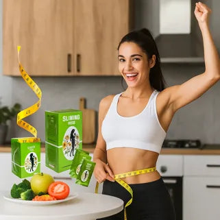 Femme souriante mesurant sa taille après avoir utilisé une décoction minceur naturelle à base de plantes.