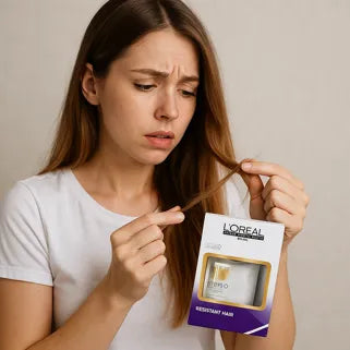 Femme inquiète examinant ses cheveux abîmés tout en tenant un soin L'Oréal Pro X-Tenso.