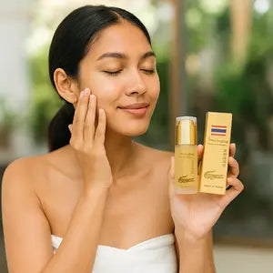 Une jeune femme asiatique applique un sérum sur son visage. Elle tient une bouteille et une boîte de sérum à l'huile de crocodile.