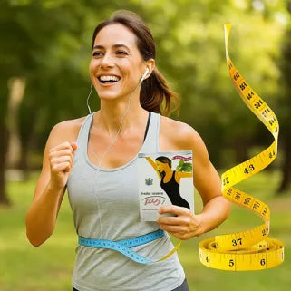 Femme sportive souriante courant dans un parc avec écouteurs, ruban à mesurer et produit minceur.