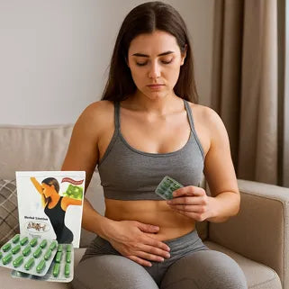 Femme tenant des capsules détox en souffrant de douleurs abdominales, assise sur un canapé.