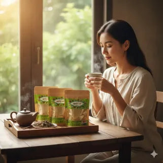 Jeune femme savourant un thé santé tapee, avec sachets d’élixir thaï posés devant elle.