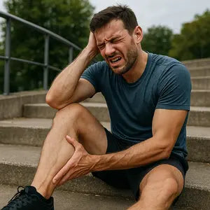 Homme sportif assis sur des marches, grimaçant de douleur et se tenant le mollet.