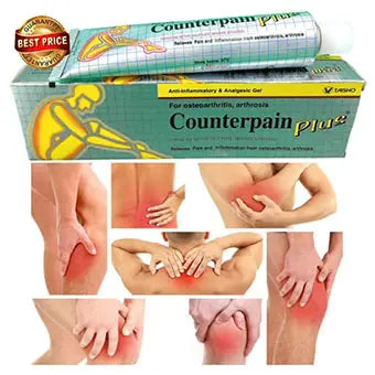 Pommade counterpain plus : boîte et tube, image montrant des douleurs d'arthrose et rhumatismes