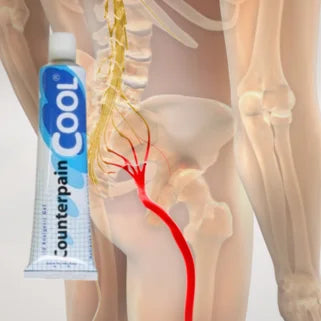 Schéma du nerf sciatique humain, accompagné d'un tube de Counterpain Cool, une crème analgésique probablement utilisée pour soulager la douleur