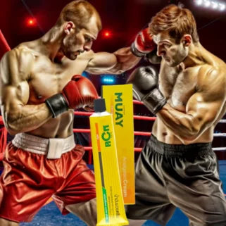 Due pugili in combattimento sul ring, con crema Namman Muay in primo piano per il recupero muscolare.