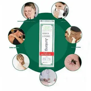 Immagine con olio Kwan Loong, persone con dolori e sintomi, zanzara, medico, sfondo blu