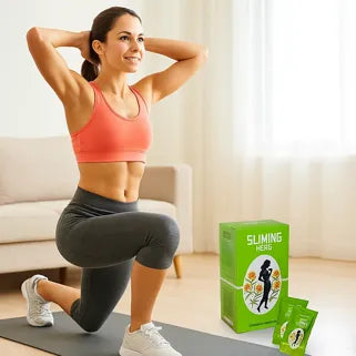 Mujer deportista sonriente entrenando en casa con una decocción adelgazante de hierbas naturales.