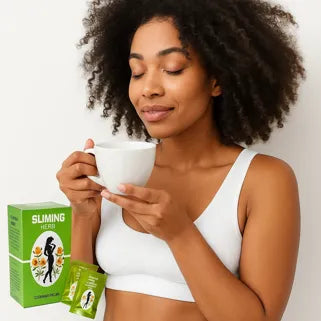 Mujer saboreando una infusión adelgazante natural de hierbas, con caja y sobre visibles.