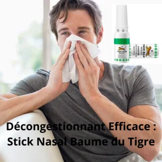 Personne se mouchant, avec stick nasal décongestionnant en image incrustée.