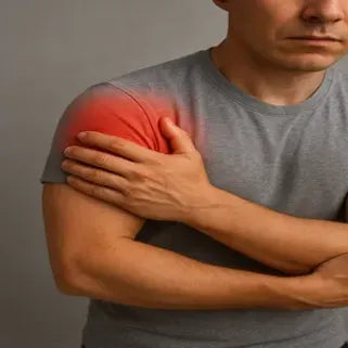 Homme touchant son épaule douloureuse, représentant la douleur musculaire soulagée par le baume du tigre. 