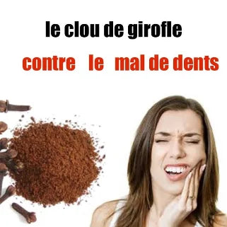 L'utilisation du clou de girofle, remède naturel contre le mal de dents. Clou de girofle moulu d'un côté et une personne souffrant de douleurs dentaires de l'autre