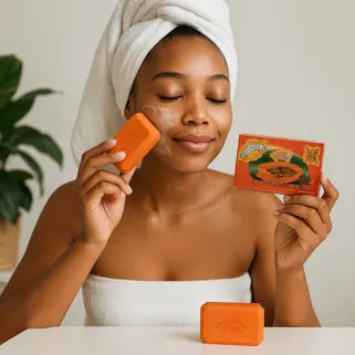 Mujer sonriente aplica jabón aclarador de papaya en su rostro limpio.