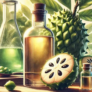 Flacon d'extrait de corossol avec fruits, feuilles, et distillation aqueuse en arrière-plan naturel.