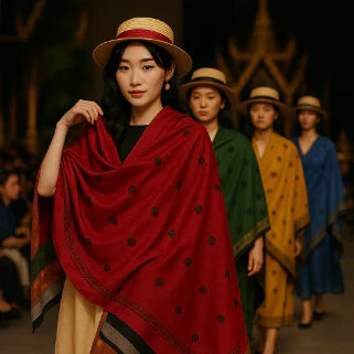 Modèles en chapeaux de paille défilant, portant pashminas rouge, vert, jaune et bleu ornés d’éléphants.