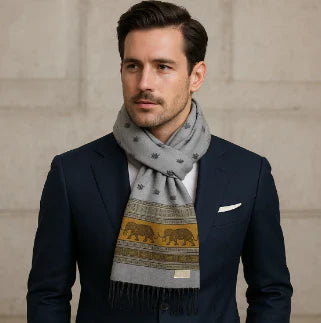Homme élégant portant une veste de costume bleue et une écharpe pashmina grise à motifs éléphants.