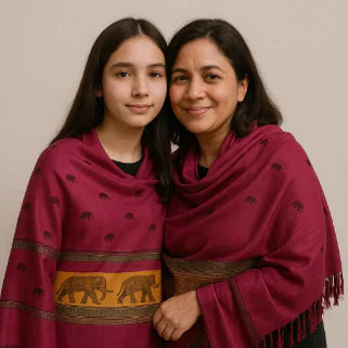 Deux femmes souriantes portant des châles rouges avec des motifs d'éléphants.