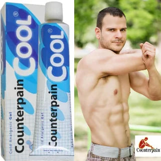 Tubes de crème antidouleur Counterpain Cool et image d'un homme étirant ses muscles.