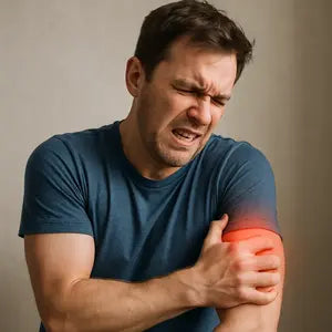 Homme grimaçant de douleur, serrant son bras mis en évidence par une lueur rouge.