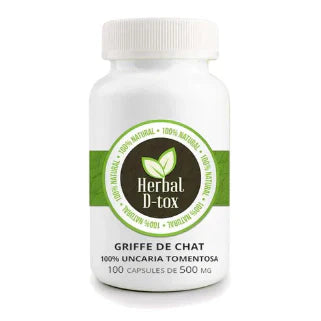 Une boîte de Complément alimentaire Griffe de Chat (Uncaria Tomentosa), 100 capsules de 500 mg, naturel, sans gluten ni lactose.