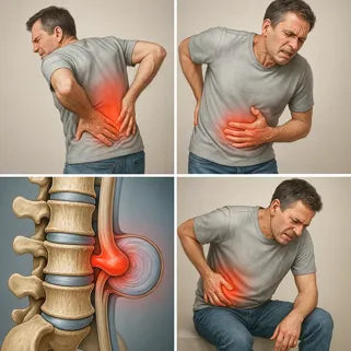 Homme souffrant de douleurs lombaires et abdominales causées par une hernie discale, zones rouges visibles.