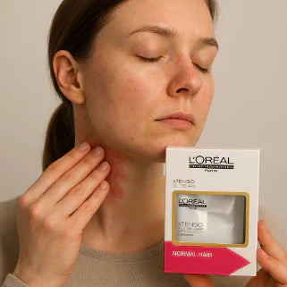 Femme touchant une irritation rouge sur son cou tout en tenant une boîte de L'Oréal Xtenso.