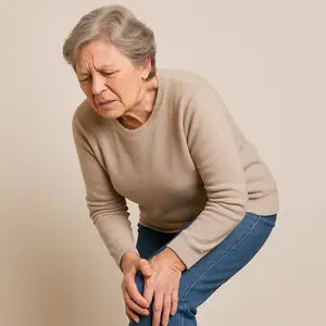 Une femme âgée grimaçant de douleur, se tenant le genou avec ses deux mains.