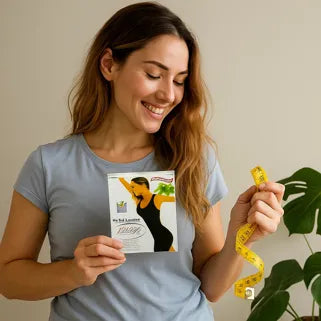 Femme souriante tenant un sachet de produit minceur et un ruban à mesurer jaune devant plante.