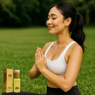 Femme méditant sereinement en plein air avec le Sérum Huile Crocodile, soin naturel apaisant peau.