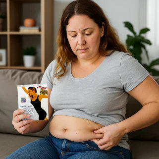 Femme à l'air soucieux se pince le ventre en tenant une boîte de produit minceur.
