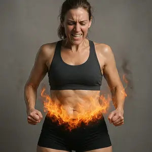 Femme athlétique grimaçant d'effort, avec des flammes sur son ventre symbolisant la combustion des graisses.