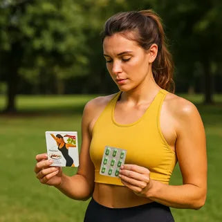 Jeune femme sportive tenant des compléments detox, prête pour une cure minceur estivale efficace. 