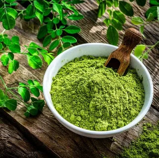 Un bol blanc de poudre de moringa olifera, produit naturel pour le bien-être général, avis