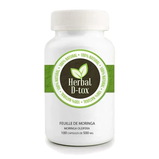 flacon de compléments alimentaires à base de feuilles de moringa (Moringa oleifera), distribuées par Herbal D-tox