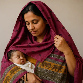 Femme en châle rouge tenant un bébé endormi, motifs d'éléphants visibles.