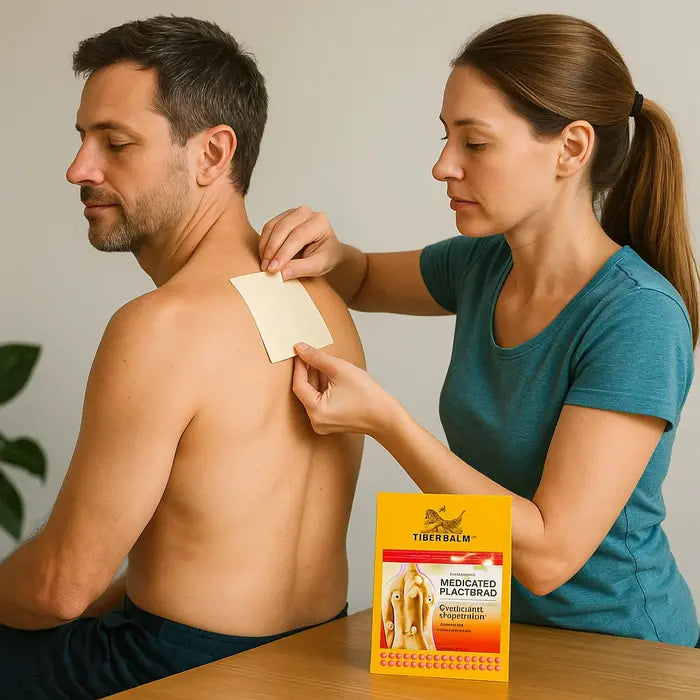 Femme appliquant un patch chaud Baume du Tigre sur le dos d’un homme assis.