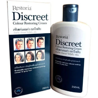 Bouteille de crème colorante pour cheveux Restoria Discreet avec packaging explicatif.