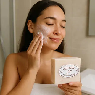 Femme appliquant du savon au lait de riz sur son visage pour une peau éclatante. 